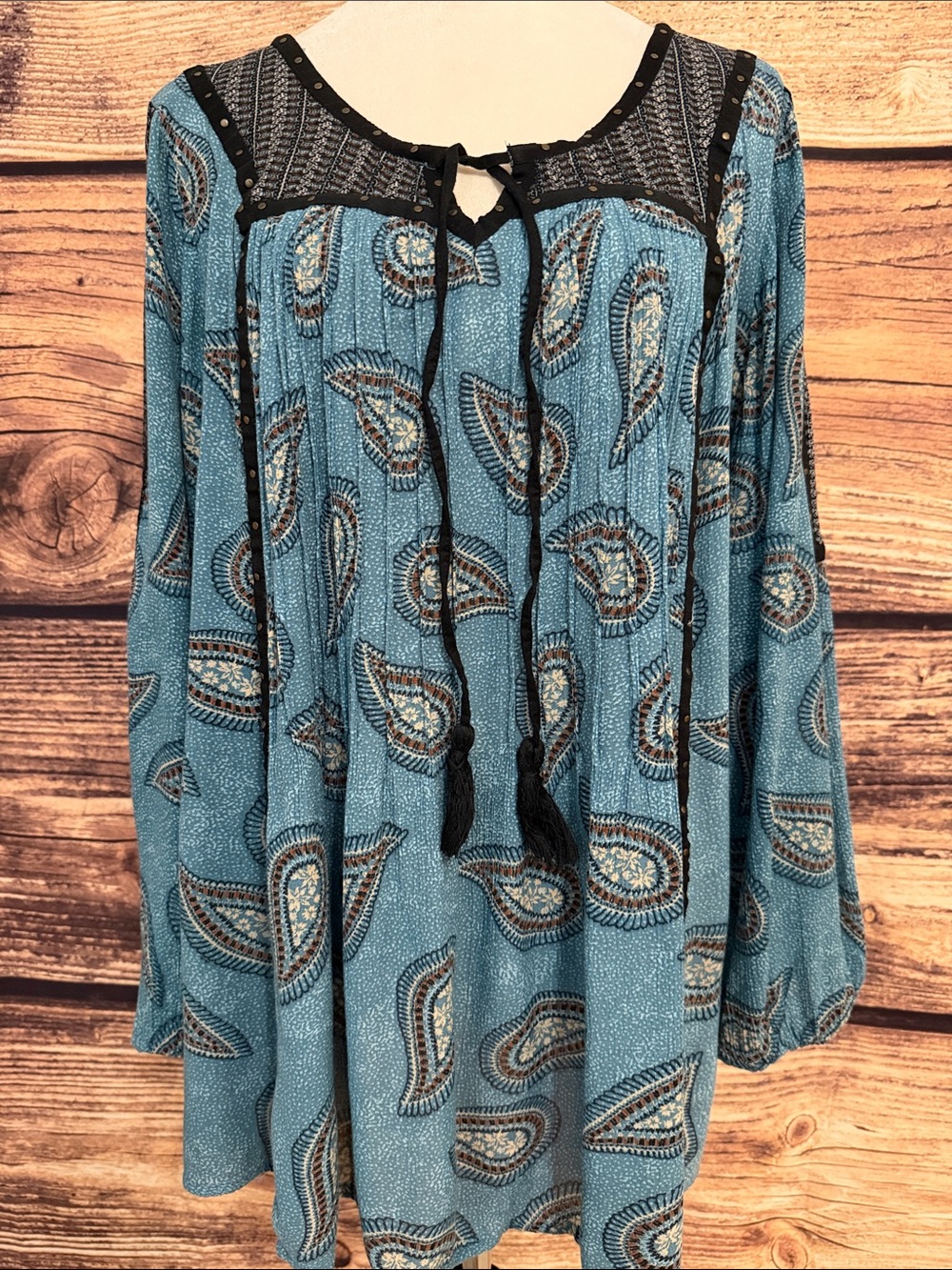 Style & Co. Teal Paisley Tie-Front Peasant Tunic with Black Accents NWOT